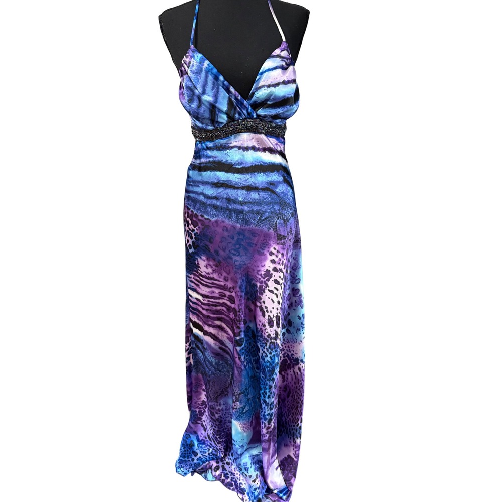 Taboo Y2K Halter Maxi Dress Purple Blue Animal Print Beaded Prom Gown 11/12 READ